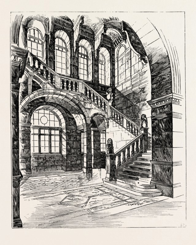 THE IMPERIAL INSTITUTE, LONDON, EAST STAIRCASE TO FIRST AND SECOND FLOORS, Offices and Sample Rooms Wing, engraving 1890, UK, U.K., Britain, British, Europe, United Kingdom, Great Britain, European