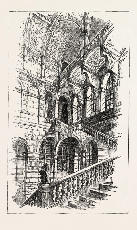 THE IMPERIAL INSTITUTE, LONDON, WEST STAIRCASE TO FIRST AND SECOND FLOORS (To Principal Rooms in West Wing), engraving 1890, UK, U.K., Britain, British, Europe, United Kingdom, Great Britain, European