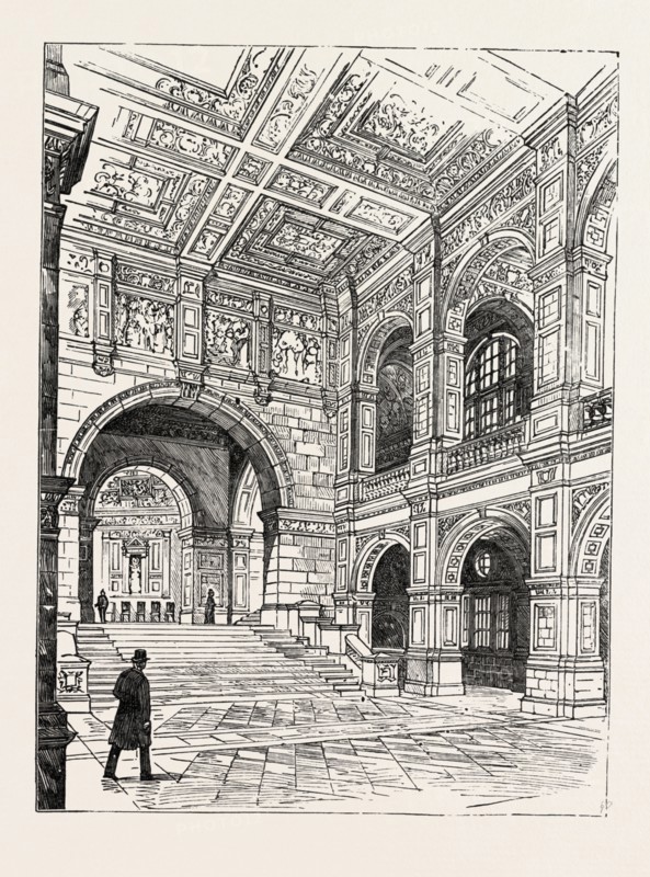 THE IMPERIAL INSTITUTE, LONDON, GRAND STAIRCASE TO RECEPTION HALL, engraving 1890, UK, U.K., Britain, British, Europe, United Kingdom, Great Britain, European
