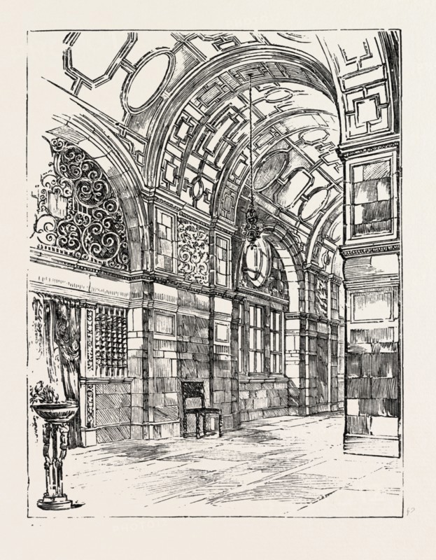 THE IMPERIAL INSTITUTE, LONDON, THE PRINCIPAL CORRIDOR, engraving 1890, UK, U.K., Britain, British, Europe, United Kingdom, Great Britain, European