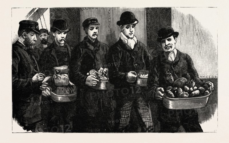 STOKERS FOR THE BRITISH NAVY, NEWLY JOINED MEN DRAWING THEIR RATIONS, engraving 1890, UK, U.K., Britain, British, Europe, United Kingdom, Great Britain, European