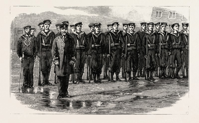 STOKERS FOR THE BRITISH NAVY, TRAINING-CLASS-LEARNING THE USE OF THE RIFLE, engraving 1890, UK, U.K., Britain, British, Europe, United Kingdom, Great Britain, European