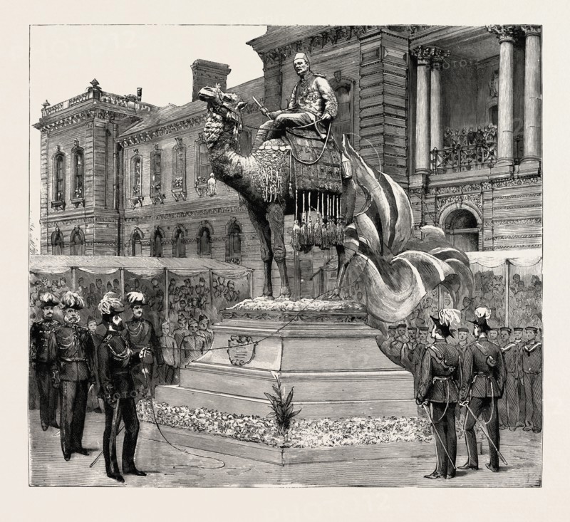 STATUE OF GENERAL GORDON, BROMPTON BARRACKS, CHATHAM, THE PRINCE OF WALES UNVEILING THE STATUE, engraving 1890, UK, U.K., Britain, British, Europe, United Kingdom, Great Britain, European