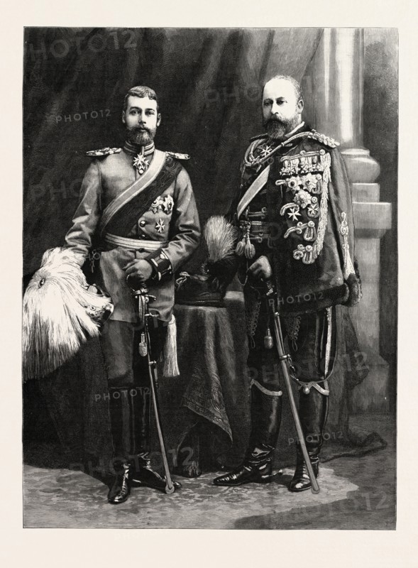 THE PRINCE OF WALES AND PRINCE GEORGE OF WALES IN THE GERMAN UNIFORMS PRESENTED TO THEM BY THE EMPEROR WILLIAM DURING THEIR RECENT VISIT TO BERLIN, GERMANY, engraving 1890