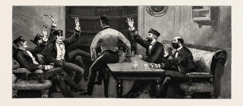 EXPERIENCES OF A MARINE SUBALTERN ON JOINING HIS SHIP, WHEN, UPON A SHOW OF HANDS BEING MADE, I WAS UNANIMOUSLY ELECTED MESS PRESIDENT, MY PRIDE WAS UNBOUNDED, engraving 1890