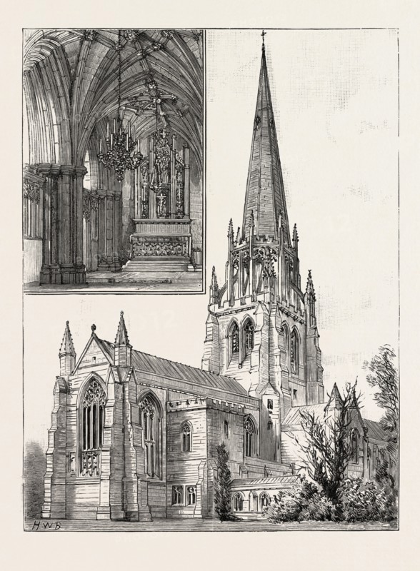 CHURCH AT CLUMBER, EXTERIOR, engraving 1890, UK, U.K., Britain, British, Europe, United Kingdom, Great Britain, European