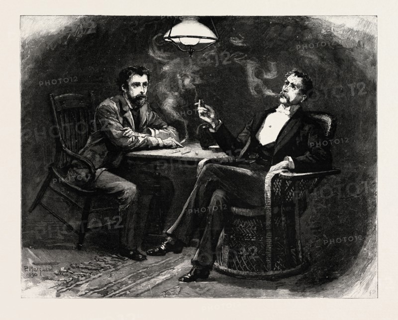 DRAWN BY PERCY MACQUOID, SMOKING A CIGARETTE, Percy Macquoid, 1852-1925, was an English artist and illustrator described as the non plus ultra of elegance and mild refined feeling, engraving 1890