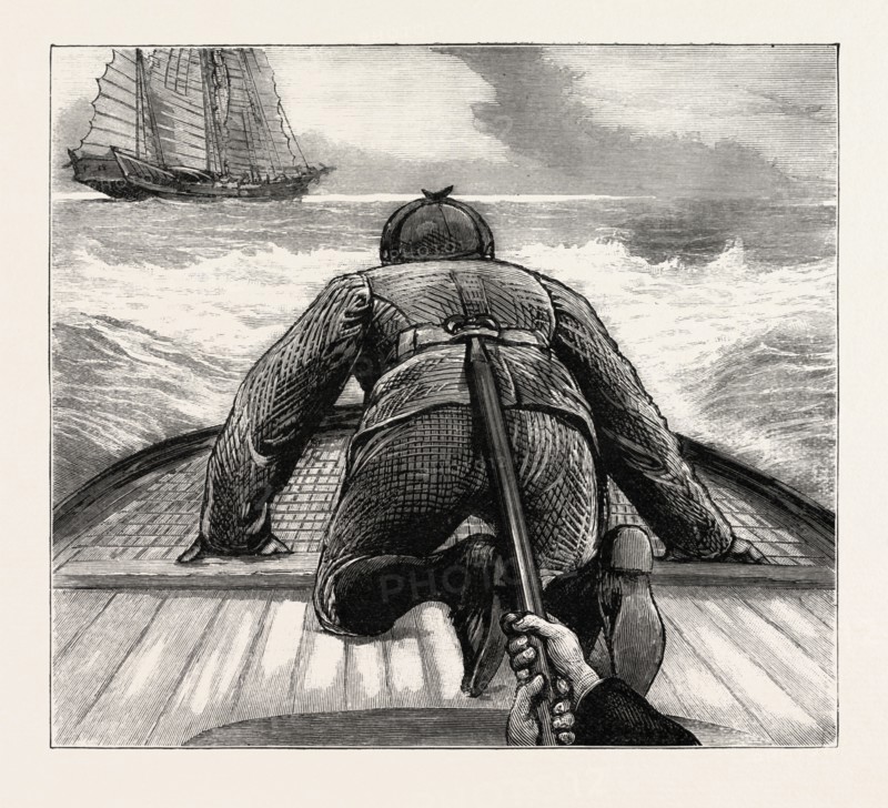 FROM HONG KONG TO MACAO IN A TORPEDO BOAT, FIXING AN UNSHIPPED GRATING UNDER DIFFICULTIES, engraving 1890, engraved image, history, arkheia, illustrative technique, engravement, engraving, victorian, Arts, Culture, 19th Century Style, Retro Styled, Vintage, retro, nineteenth century engraving, historic art