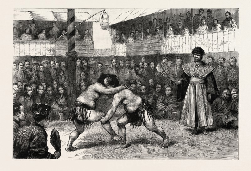 SPORTS IN JAPAN, A WRESTLING MATCH, engraving 1890, engraved image, history, arkheia, illustrative technique, engravement, engraving, victorian, Arts, Culture, 19th Century Style, Retro Styled, Vintage, retro, nineteenth century engraving, historic art