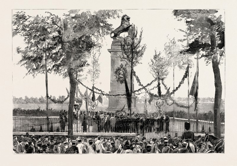 THE ANNIVERSARY OF THE BATTLE OF WATERLOO, THE STATUE AT QUATRE BRAS, BELGIUM, engraving 1890, engraved image, history, arkheia, illustrative technique, engravement, engraving, victorian, Arts, Culture, 19th Century Style, Retro Styled, Vintage, retro, nineteenth century engraving, historic art