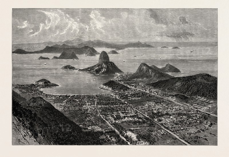RIO DE JANEIRO, VIEW FROM THE SUMMIT OF CORCOVADO, SHOWING THE SUBURB OF BOTAFOGO, ENTRANCE OF THE HARBOUR, AND THE SUGAR LOAF MOUNTAIN VIEWS IN RIO DE JANEIRO, SOUTH AMERICA, engraving 1890, engraved image, history, arkheia, illustrative technique, engravement, engraving, victorian, Arts, Culture, 19th Century Style, Retro Styled, Vintage, retro, nineteenth century engraving, historic art