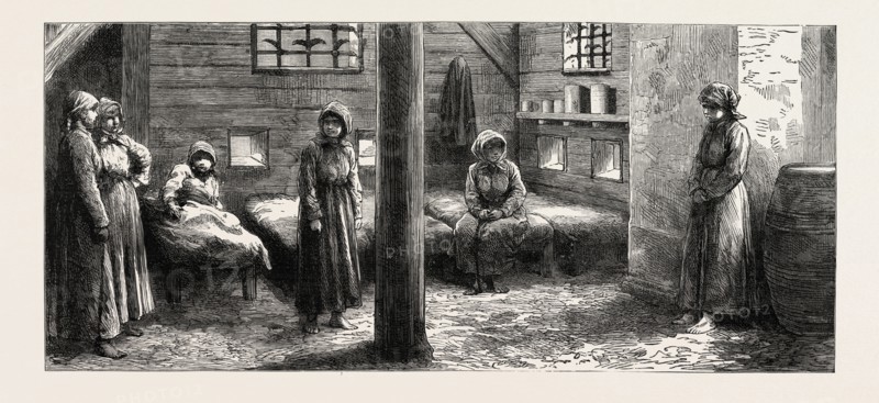 IMAGE AT KHARSAKOV, SAGHALIEN, EASTERN SIBERIA, KORSAKOV, KORSAKOVSKY DISTRICT OF SAKHALIN OBLAST, RUSSIA,  THE WOMEN'S WARD IN THE CONVICT PRISON, engraving 1890, engraved image, history, arkheia, illustrative technique, engravement, engraving, victorian, Arts, Culture, 19th Century Style, Retro Styled, Vintage, retro, nineteenth century engraving, historic art