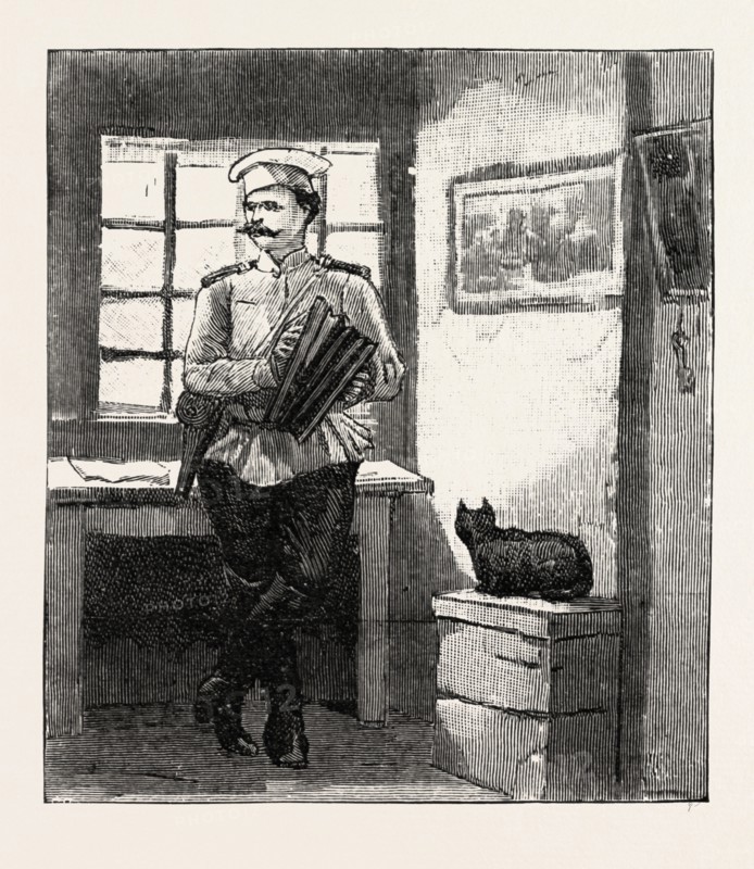 IMAGE AT KHARSAKOV, SAGHALIEN, EASTERN SIBERIA, KORSAKOV, KORSAKOVSKY DISTRICT OF SAKHALIN OBLAST, RUSSIA,  AN OGRE, THE CORPORAL IN CHARGE AMUSES HIMSELF WITH THE CONCERTINA, engraving 1890, engraved image, history, arkheia, illustrative technique, engravement, engraving, victorian, Arts, Culture, 19th Century Style, Retro Styled, Vintage, retro, nineteenth century engraving, historic art