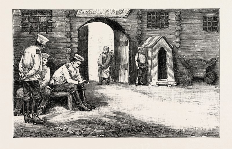 IMAGE AT KHARSAKOV, SAGHALIEN, EASTERN SIBERIA, KORSAKOV, KORSAKOVSKY DISTRICT OF SAKHALIN OBLAST, RUSSIA,  PRISON GATES, KHARSAKOV, engraving 1890, engraved image, history, arkheia, illustrative technique, engravement, engraving, victorian, Arts, Culture, 19th Century Style, Retro Styled, Vintage, retro, nineteenth century engraving, historic art