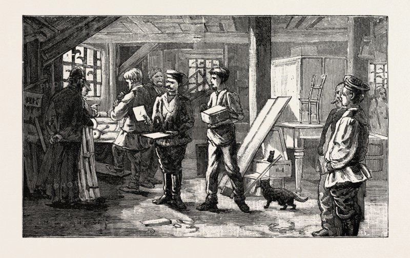 IMAGE AT KHARSAKOV, SAGHALIEN, EASTERN SIBERIA, KORSAKOV, KORSAKOVSKY DISTRICT OF SAKHALIN OBLAST, RUSSIA,  CARPENTERS  SHOP, engraving 1890, engraved image, history, arkheia, illustrative technique, engravement, engraving, victorian, Arts, Culture, 19th Century Style, Retro Styled, Vintage, retro, nineteenth century engraving, historic art