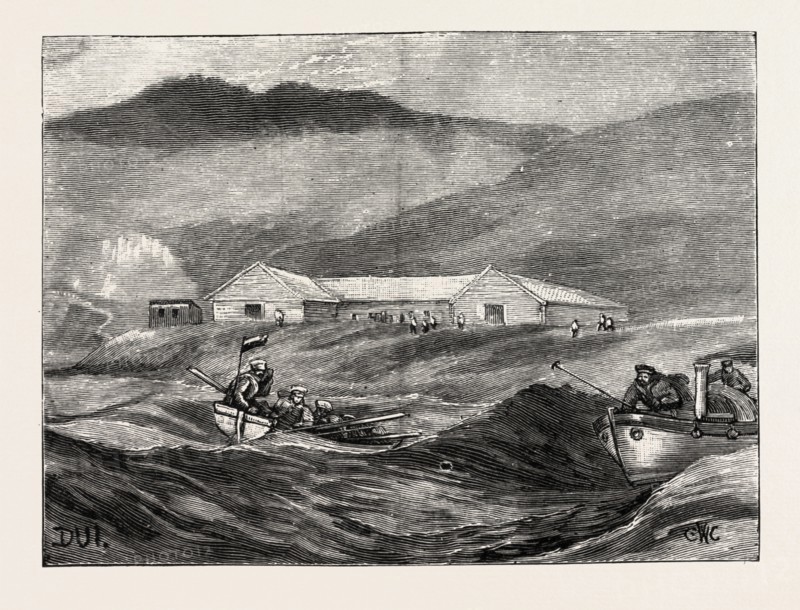 IMAGE AT KHARSAKOV, SAGHALIEN, EASTERN SIBERIA, KORSAKOV, KORSAKOVSKY DISTRICT OF SAKHALIN OBLAST, RUSSIA,  COMMUNICATION WITH THE SHORE AT DUI, engraving 1890, engraved image, history, arkheia, illustrative technique, engravement, engraving, victorian, Arts, Culture, 19th Century Style, Retro Styled, Vintage, retro, nineteenth century engraving, historic art