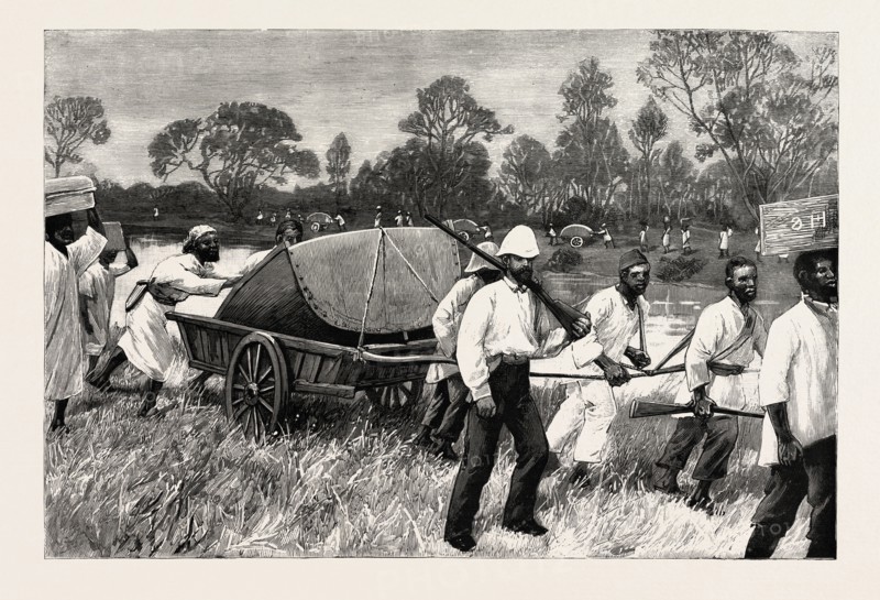 CENTRAL AFRICA,  THE LIFEBOAT ON ITS WAY FROM ZANZIBAR TO UJIJI, engraving 1890, engraved image, history, arkheia, illustrative technique, engravement, engraving, victorian, Arts, Culture, 19th Century Style, Retro Styled, Vintage, retro, nineteenth century engraving, historic art