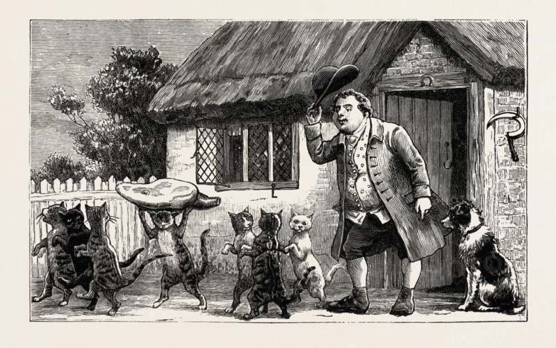 For the care of his lamb, and their comical pranks, He gave them a ham, and abundance of thanks.  I wish you good day, my fine fellows, said he, My compliments, pray, to Dame Wiggins of Lee, engraving 1890, engraved image, history, arkheia, illustrative technique, engravement, engraving, victorian, Arts, Culture, 19th Century Style, Retro Styled, Vintage, retro, nineteenth century engraving, historic art