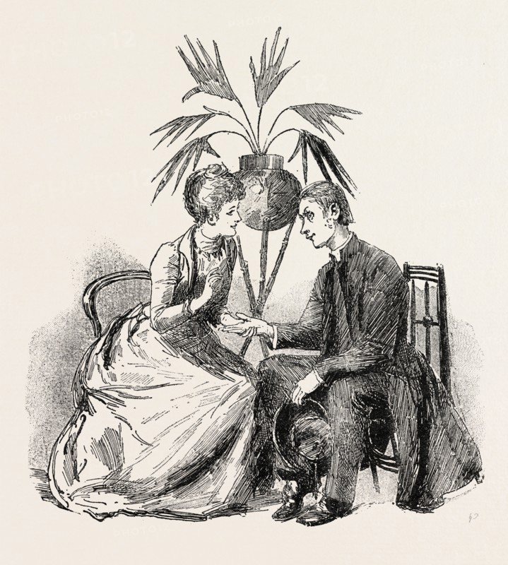 Our curate arranges with my pretty cousin to tell fortunes by palmistry at his Bazaar, engraving 1890, engraved image, history, arkheia, illustrative technique, engravement, engraving, victorian, Arts, Culture, 19th Century Style, Retro Styled, Vintage, retro, nineteenth century engraving, historic art