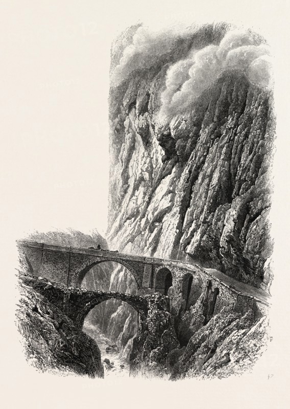 The Devil's Bridge, on the St. Gothard Road, Switzerland, the passes of the alps, 19th century engraving
