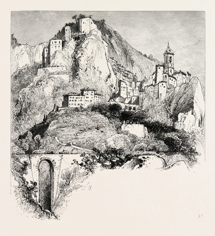 Rocca Bruna, Roccabruna, the Cornice road, 19th century engraving