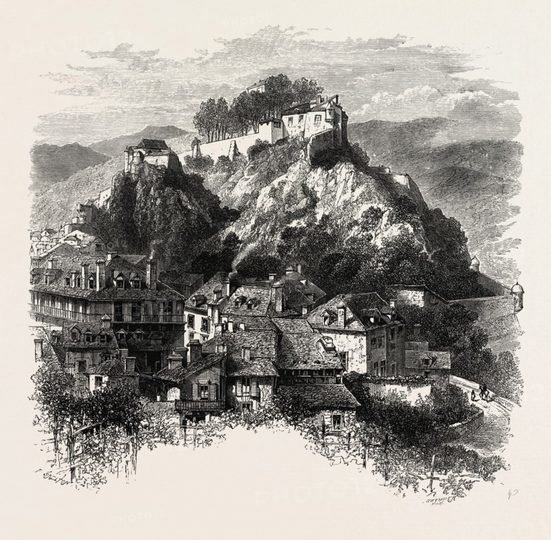 THE CASTLE OF LOURDES, THE PYRENEES, FRANCE, 19th century engraving