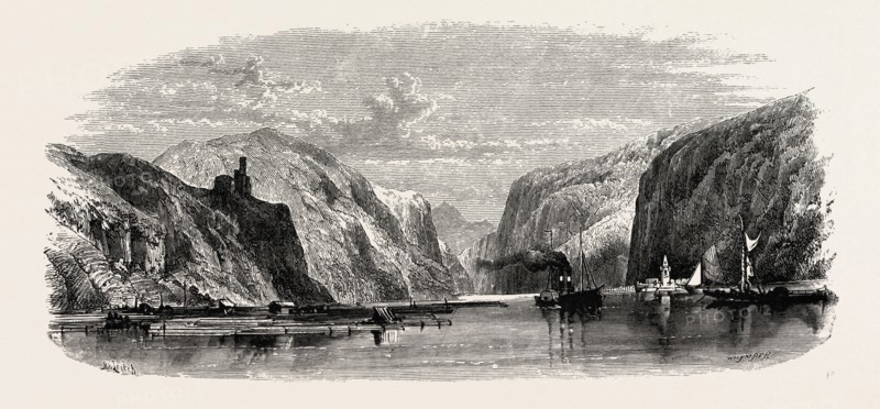 Timber Raft on the Rhine. Germany, 19th century engraving