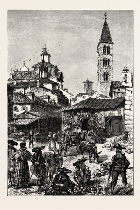 MARKET PLACE, VALLADOLID, Spain, 19th century engraving