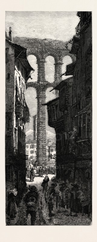 Aqueduct at Segovia, Spain, 19th century engraving