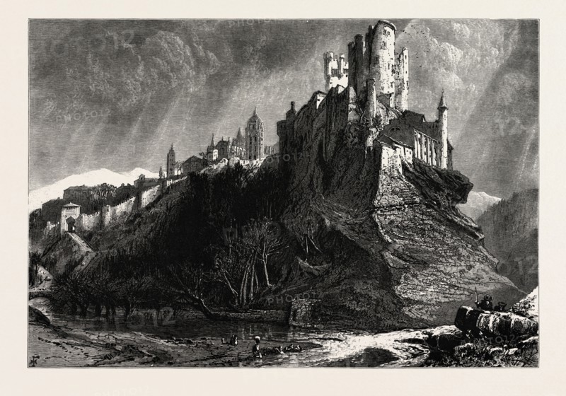 RIVER, AT, SEGOVIA, AND, ALCAZAR, SPAIN, 19th century engraving