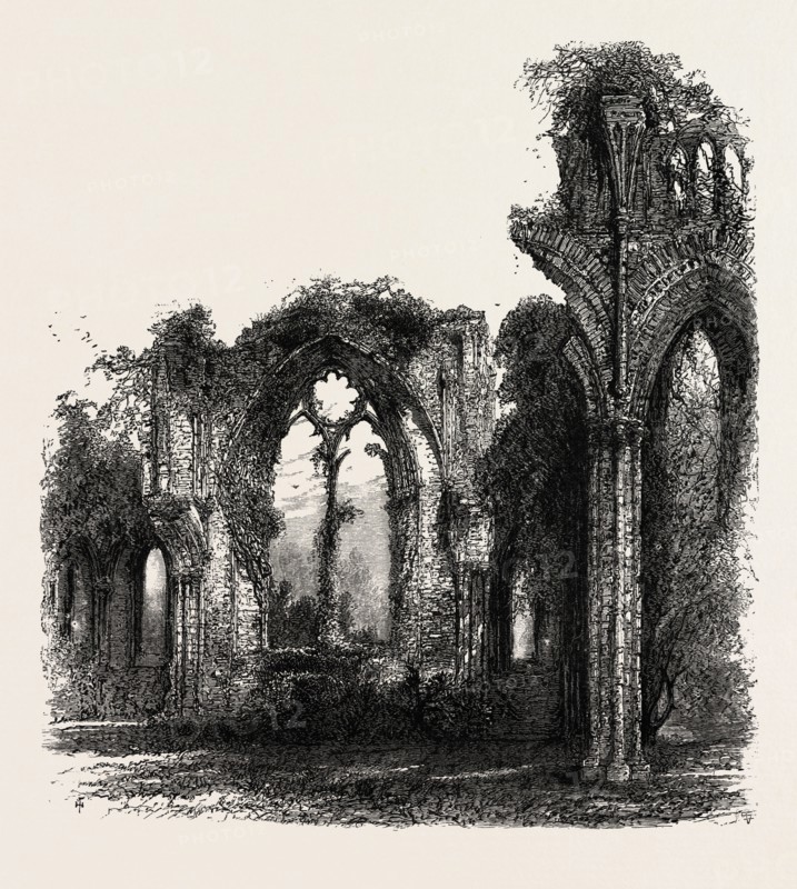 Netley Abbey, UK, U.K., Britain, British, Europe, United Kingdom, Great Britain, European, 19th century engraving