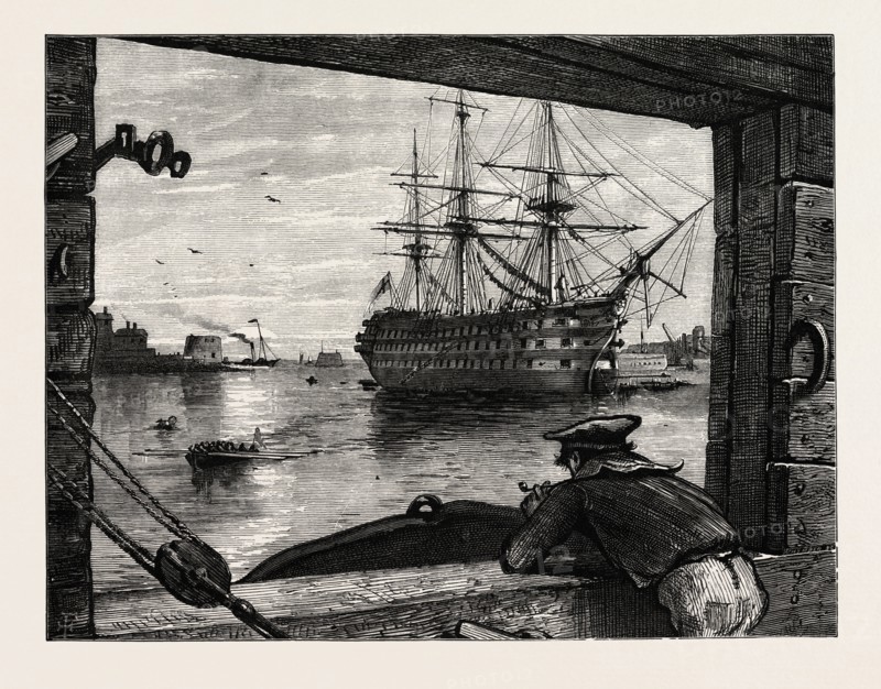 The Victory, UK, U.K., Britain, British, Europe, United Kingdom, Great Britain, European, maritime, boat, vessel, sailor, 19th century engraving