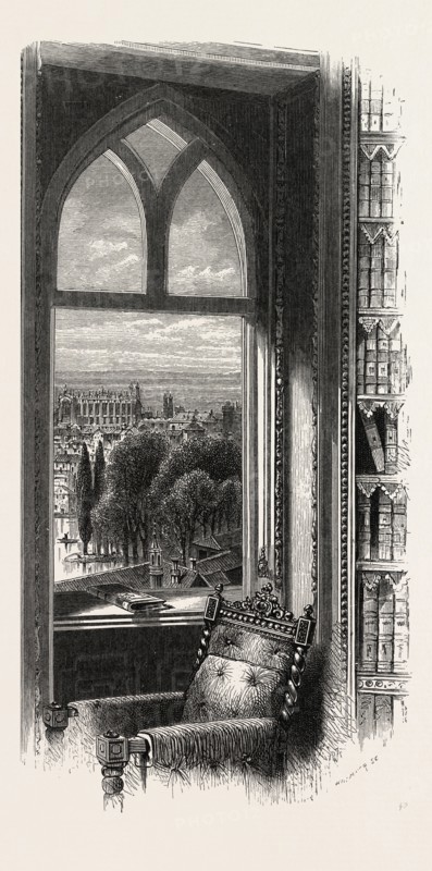 View from the Library Window, UK, U.K., Britain, British, Europe, United Kingdom, Great Britain, European, 19th century engraving