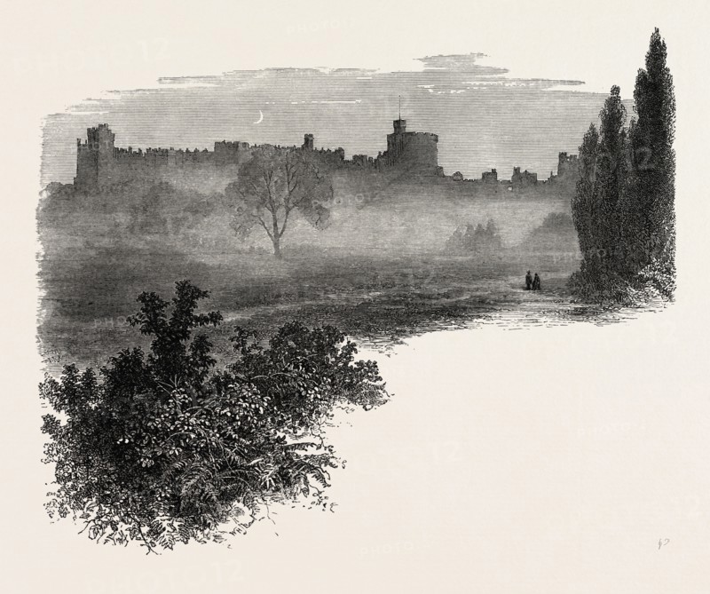 The castle from the Home Park, Windsor, UK, U.K., Britain, British, Europe, United Kingdom, Great Britain, European, 19th century engraving