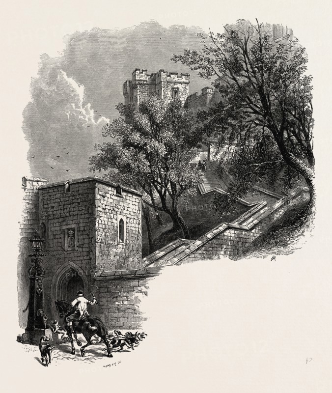Windsor, staircase to the castle, UK, U.K., Britain, British, Europe, United Kingdom, Great Britain, European, 19th century engraving