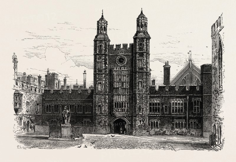 Interior of the Quadrangle, Eton College, UK, U.K., Britain, British, Europe, United Kingdom, Great Britain, European, 19th century engraving