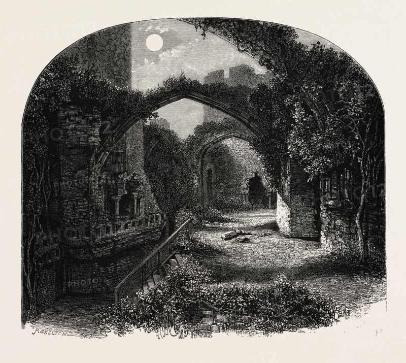The Banqueting Hall, Conway Castle, North Wales, UK, U.K., Britain, British, Europe, United Kingdom, Great Britain, European, 19th century engraving