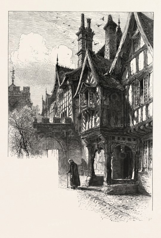 Entrance to the porch of Leicester hospital, Warwick, UK, U.K., Britain, British, Europe, United Kingdom, Great Britain, European, 19th century engraving