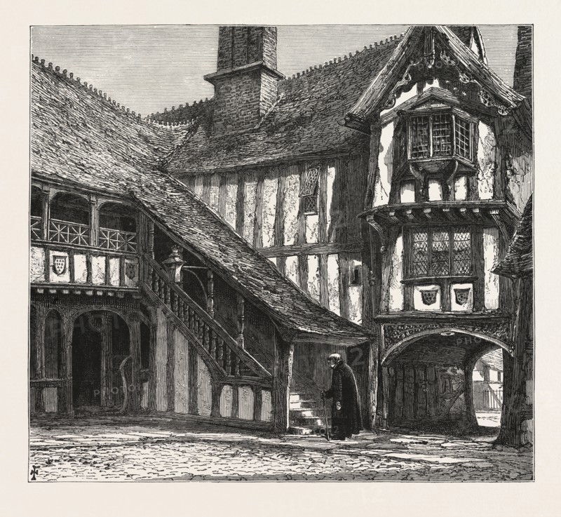 Courtyard of Leicester's Hospital, UK, U.K., Britain, British, Europe, United Kingdom, Great Britain, European, 19th century engraving