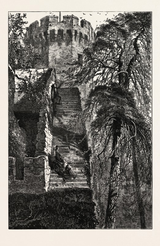 GUY'S TOWER AND THE WALLS OF WARWICK CASTLE, UK, U.K., Britain, British, Europe, United Kingdom, Great Britain, European, 19th century engraving
