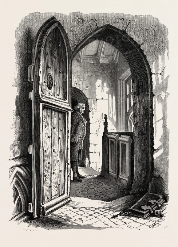 Chamber in Warwick Church, UK, U.K., Britain, British, Europe, United Kingdom, Great Britain, European, 19th century engraving