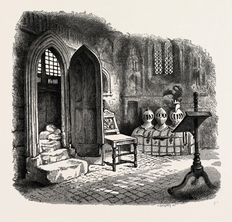 Side Chapel in Warwick Church, UK, U.K., Britain, British, Europe, United Kingdom, Great Britain, European, 19th century engraving