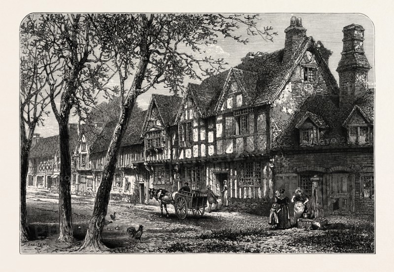 HOUSES, UNDER, THE CASTLE, WARWICK, UK, Great Britain, United Kingdom, 19th century engraving