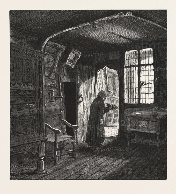 The Kitchen, Leicester's Hospital, UK, U.K., Britain, British, Europe, United Kingdom, Great Britain, European, 19th century engraving