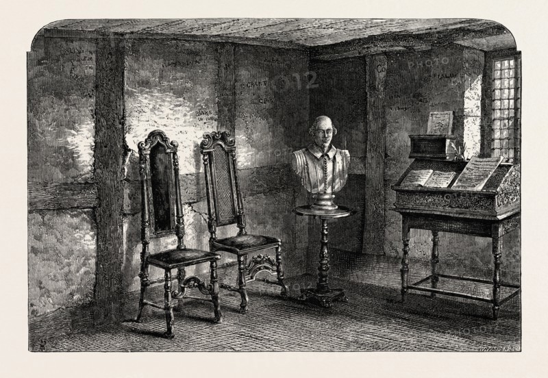 The Room where Shakespeare was born, UK, U.K., Britain, British, Europe, United Kingdom, Great Britain, European, 19th century engraving