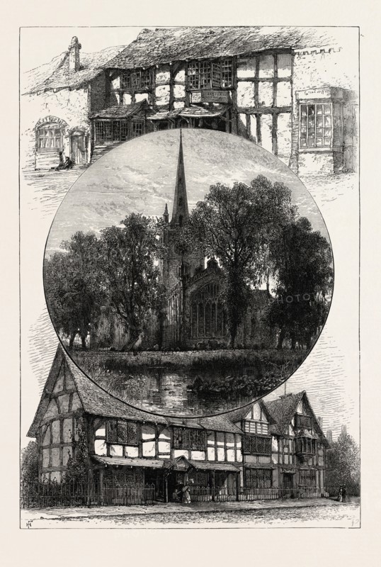 STRATFORD CHURCH, AND SHAKESPEARE'S HOUSE, AS IT WAS AND AS IT IS, UK, U.K., Britain, British, Europe, United Kingdom, Great Britain, European, 19th century engraving