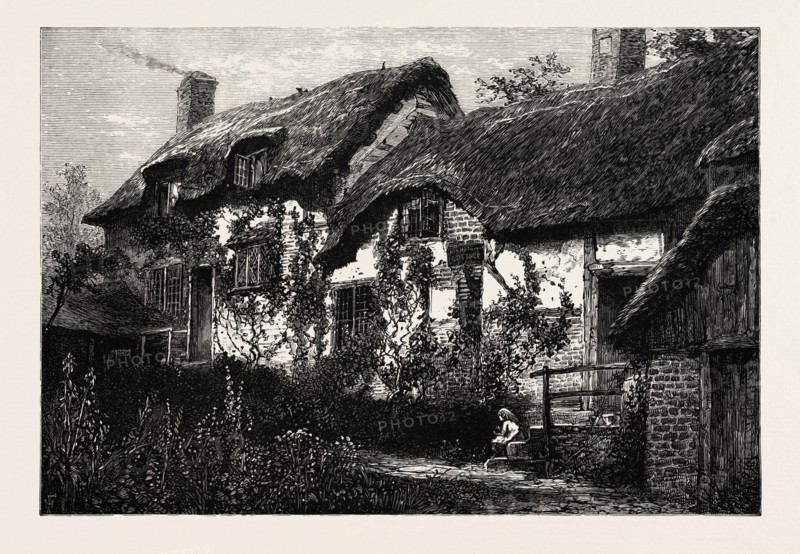 Anne Hathaway's Cottage, UK, U.K., Britain, British, Europe, United Kingdom, Great Britain, European, 19th century engraving