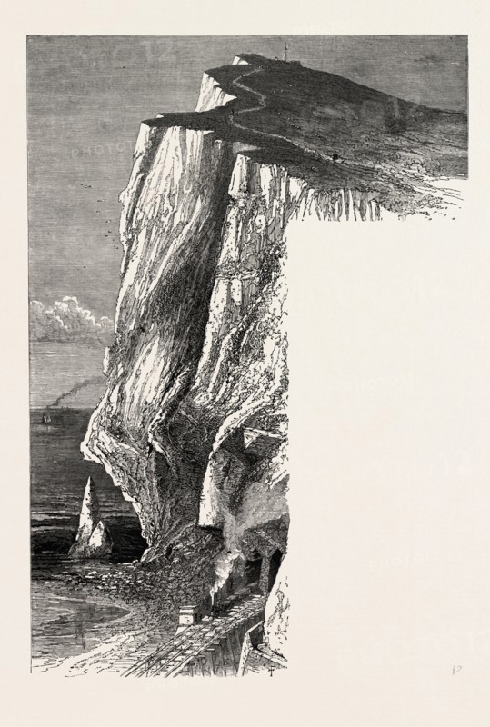 Shakespeare's Cliff, the south coast, UK, U.K., Britain, British, Europe, United Kingdom, Great Britain, European, 19th century engraving