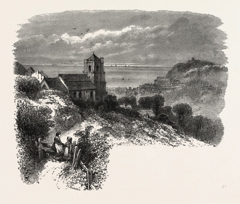 All Saints, Hastings, from Eastcliff, the south coast, UK, U.K., Britain, British, Europe, United Kingdom, Great Britain, European, 19th century engraving
