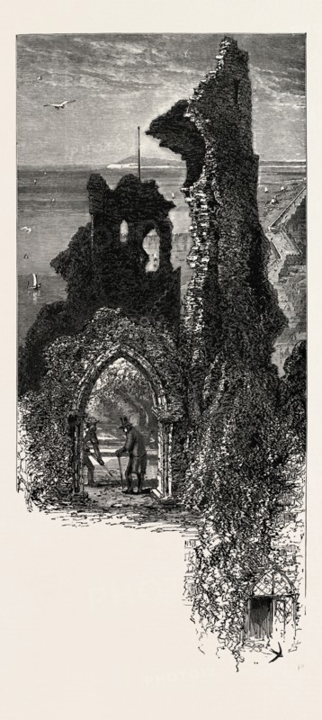 Hastings castle, the south coast, UK, U.K., Britain, British, Europe, United Kingdom, Great Britain, European, 19th century engraving